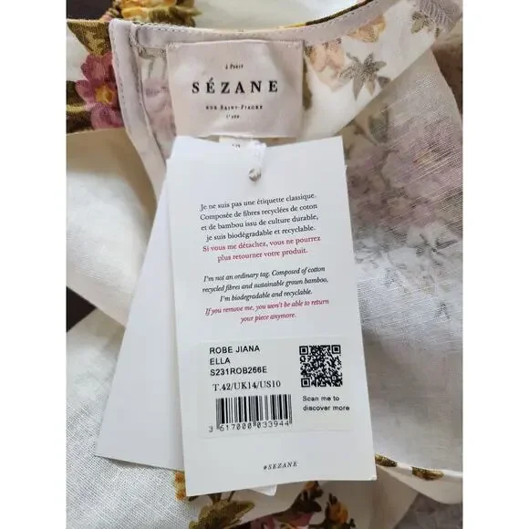 Nwt Sézane Jiana Ella Floral Linen Blend Puff Sleeves Open Back Midi Dress US 10 - Picture 6 of 12